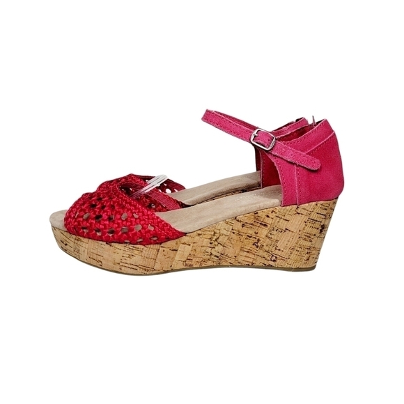 Toms Women's Red Satin Platform Wedges - Picture 2 of 9